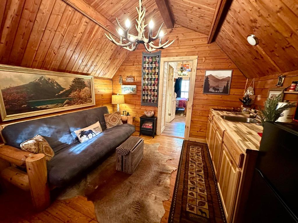 - soggiorno con divano in una cabina di The Dapper Duck Log Cabin a Cosby