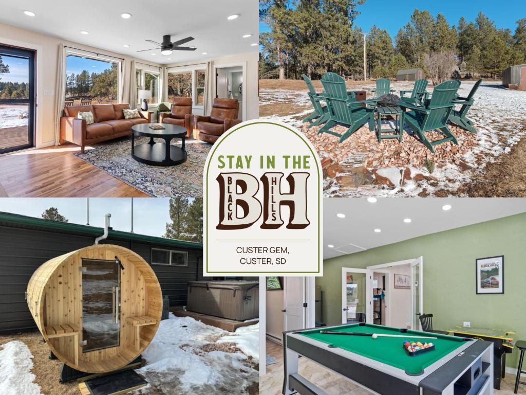 un collage de photos d'une maison avec un billard dans l'établissement Custer Gem, à Custer