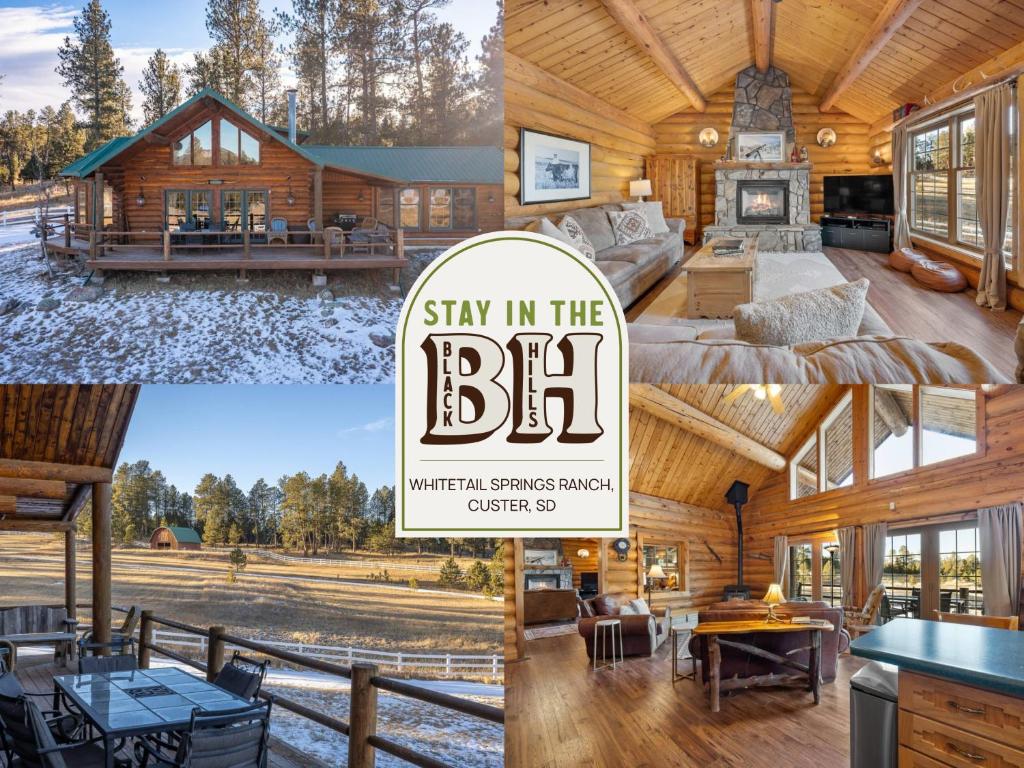 un collage di foto con una baita in legno di Whitetail Springs Ranch a Custer