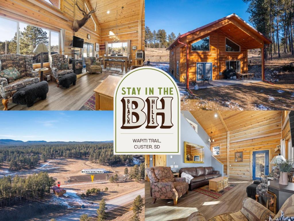 un collage di tre fotografie di una baita di tronchi di Wapiti Trail a Custer