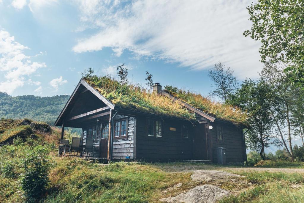 a log cabin with a grass roof on a hill at Strandbu in Viksdalen