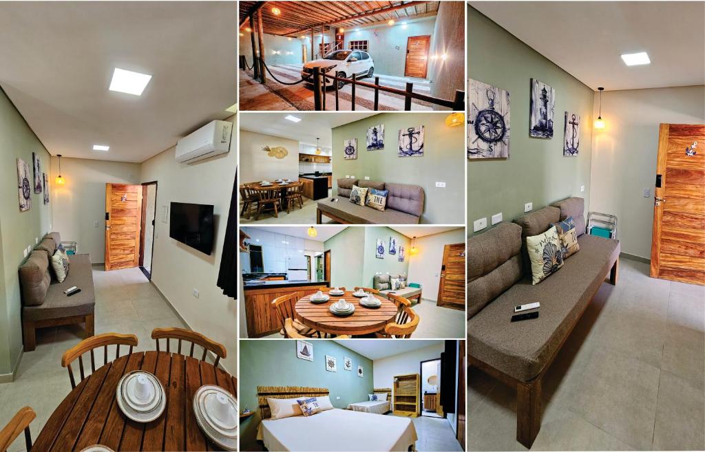 un collage de photos d'un salon et d'une cuisine dans l'établissement Casas Costa Dos Corais, à Japaratinga