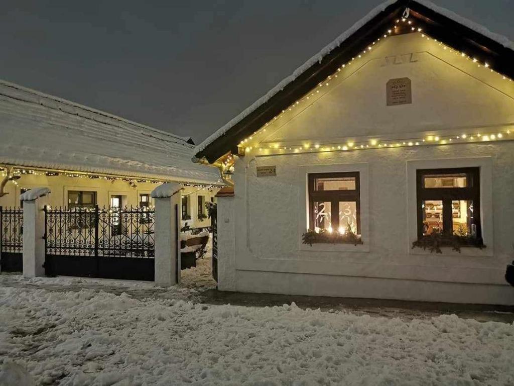 a house covered in snow with christmas lights at Szent Iván Vendégház in Tata