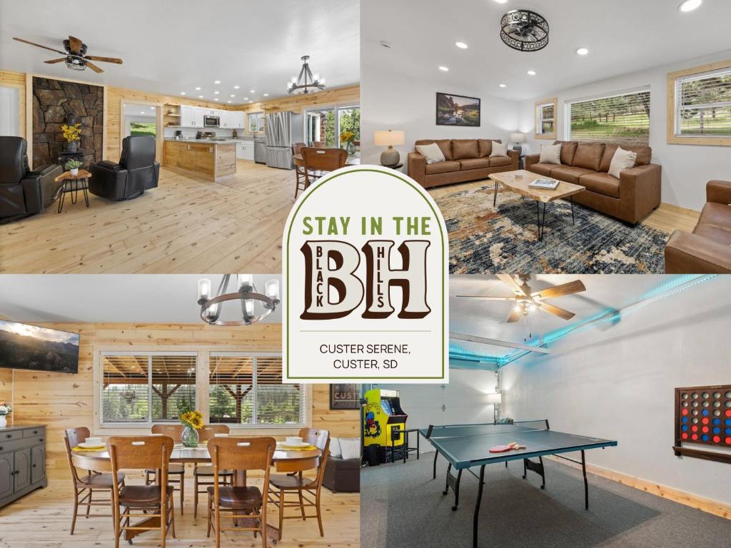 un collage de photos d'un salon et d'une salle à manger dans l'établissement Custer Serene, à Custer