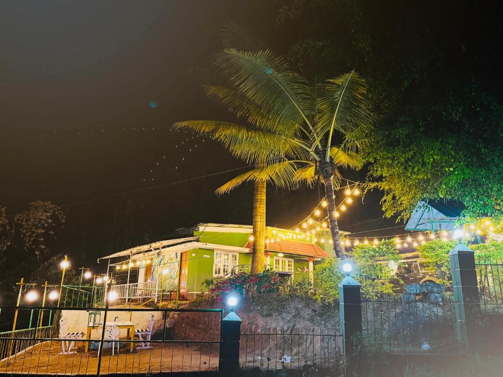 un palmier devant un bâtiment avec des lumières dans l'établissement Greenwoods Budget Villa, à Munnar