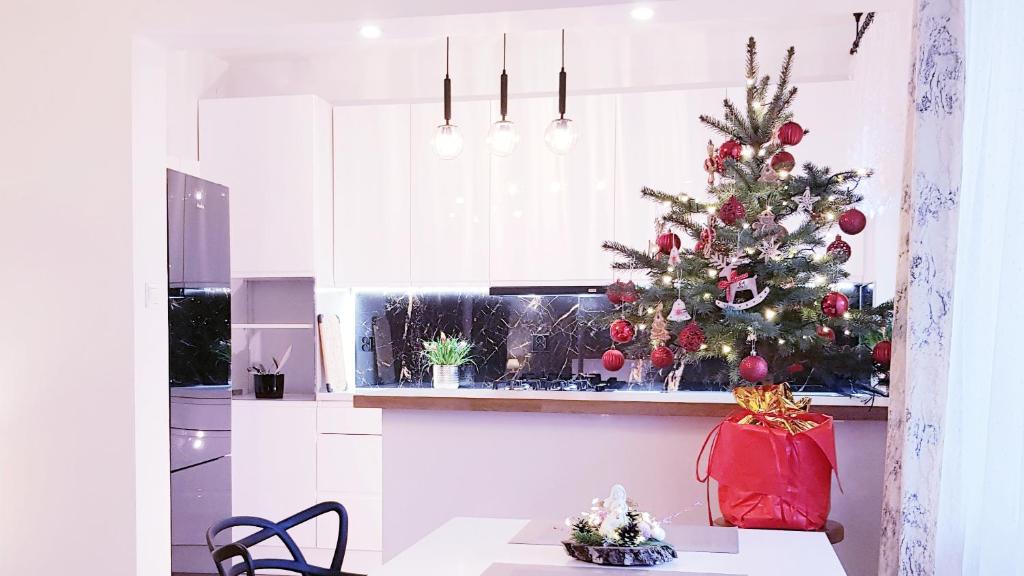 een kerstboom in een keuken met een tafel bij Apartament u Anielki in Uniejow