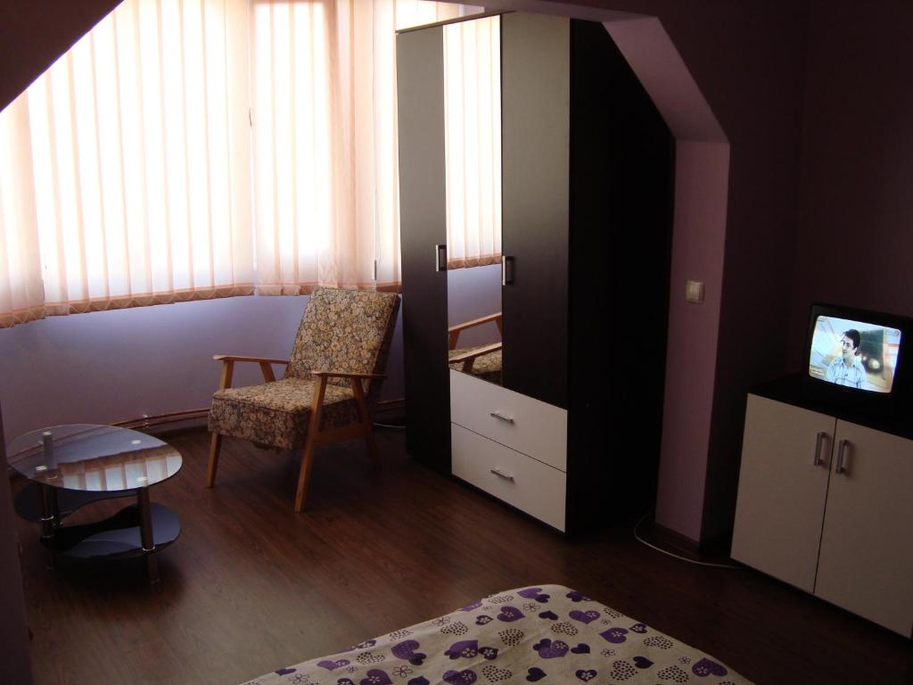 um quarto com uma cama, uma televisão e uma cadeira em Apartamentul Republicii em Alba Iulia