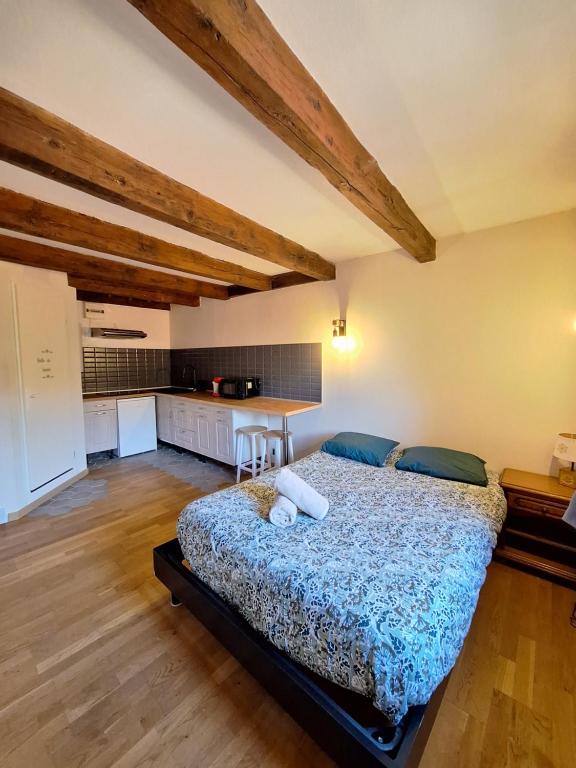 a bedroom with a large bed and a kitchen at L'Appart' du Château - Annecy 15 min in Alby