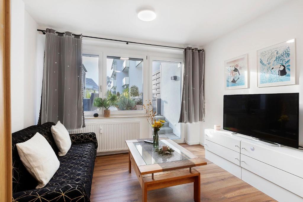 a living room with a couch and a tv and a table at Domus Lux 53 in Bad Säckingen