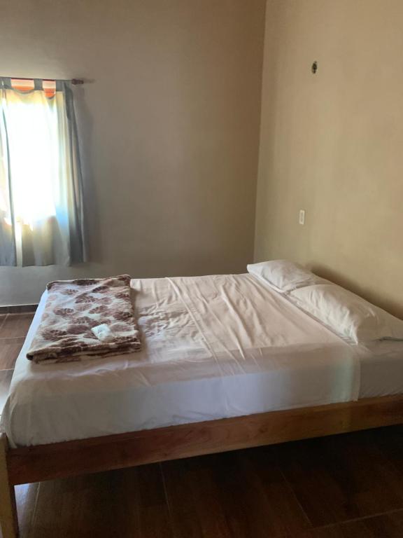 een bed in een slaapkamer met een raam bij Cabañas la flor 