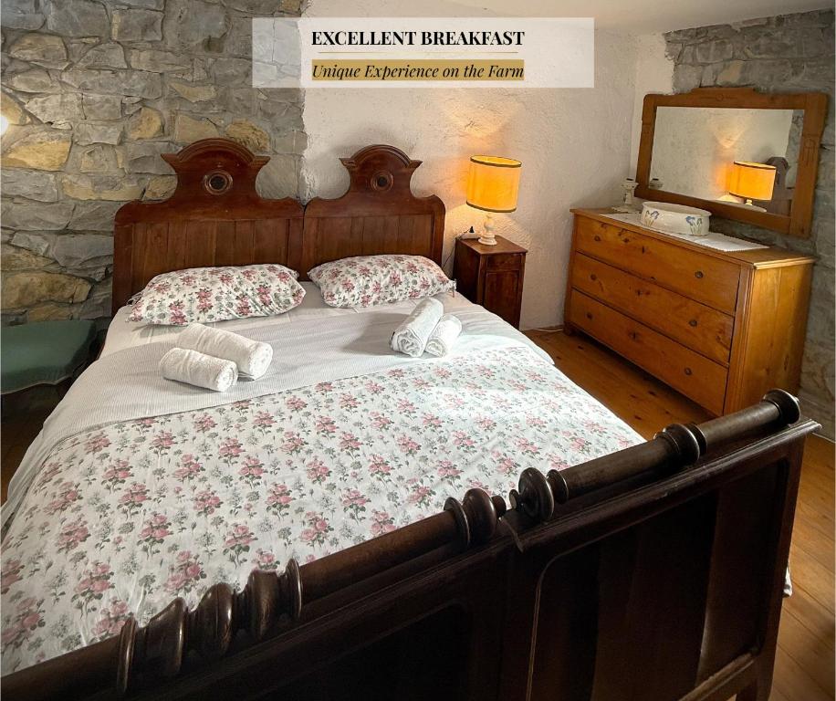 een slaapkamer met een bed, een ladekast en een spiegel bij Kmetija Medljan in Izola