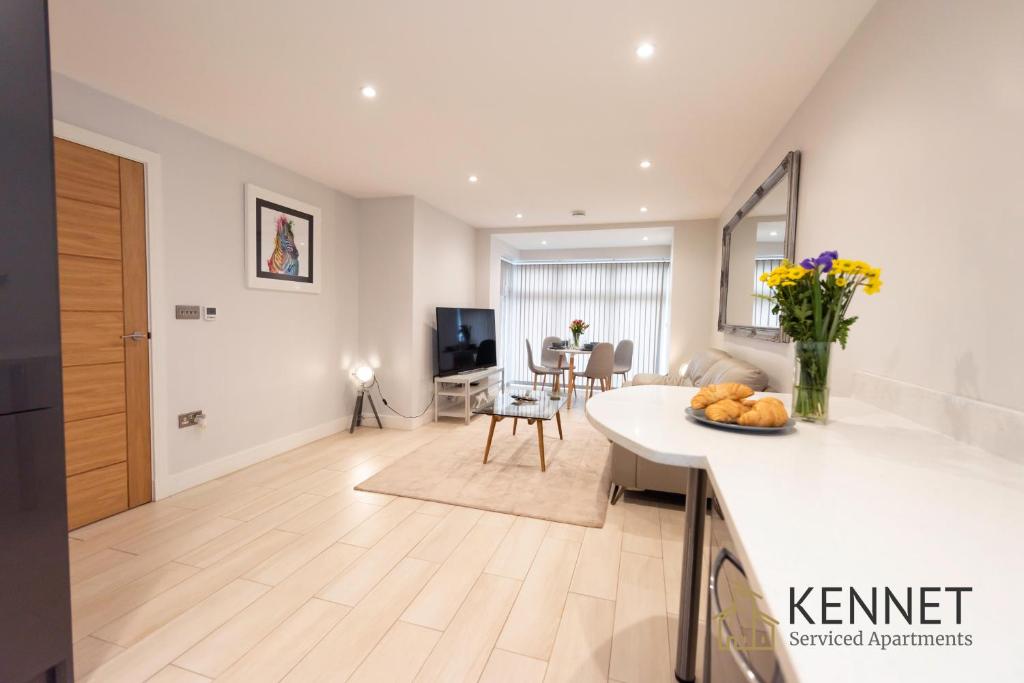 a kitchen and living room with a counter top at Ivory Lodge in Reading