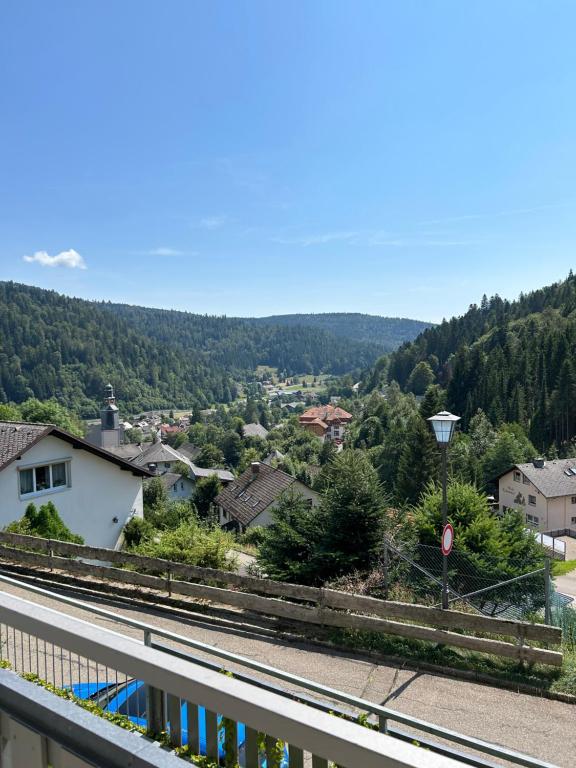 a view from a balcony of a town with train tracks at Ferienwohnung Panoramablick - super für deine Familie und die besten Aussicht in ganz Todtmoos in Todtmoos