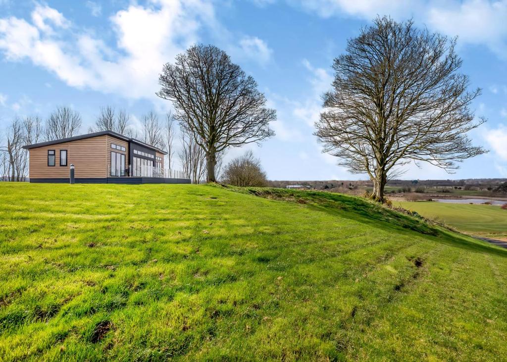 a house on top of a grassy hill with two trees at Eden Lodge Retreat in Crosby