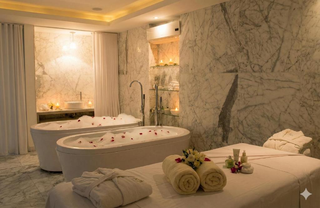 a white bathroom with a tub and a bed at Yoo Punta del este Deluxe in Punta del Este
