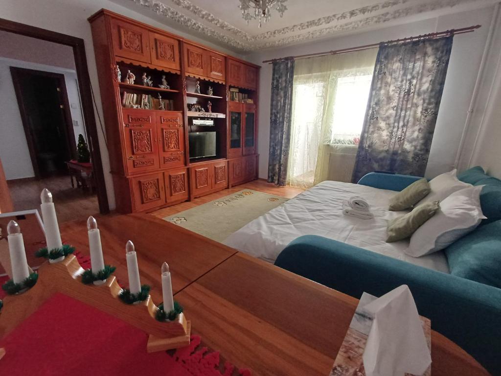 克拉约瓦Apartament Rovine的客厅配有沙发和带蜡烛的桌子