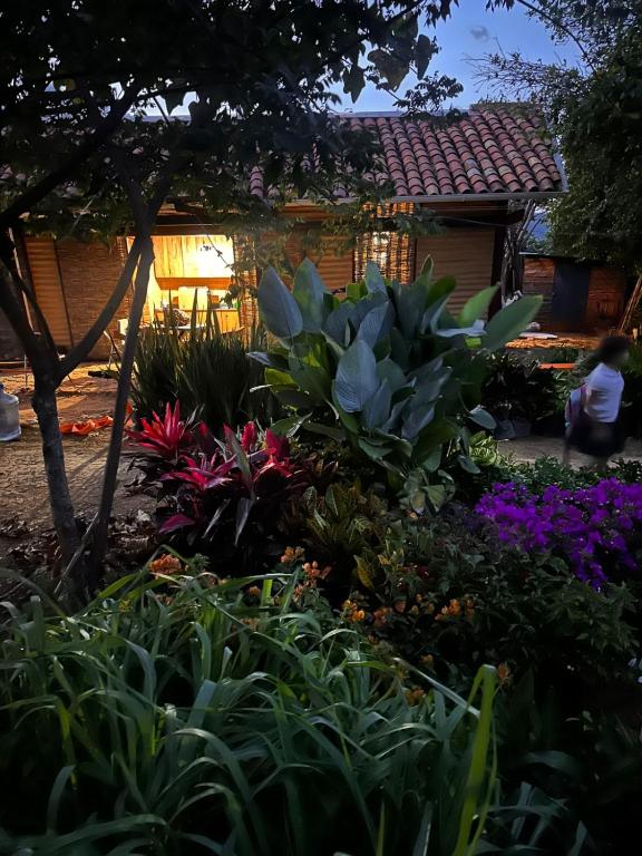 een tuin voor een huis met bloemen bij Hotel Ambil in Barichara