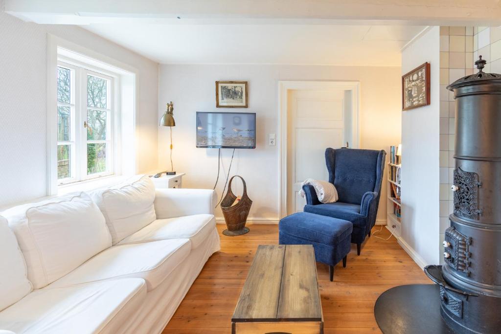 een woonkamer met een witte bank en een blauwe stoel bij Lüttje Huus 1875 in Almdorf