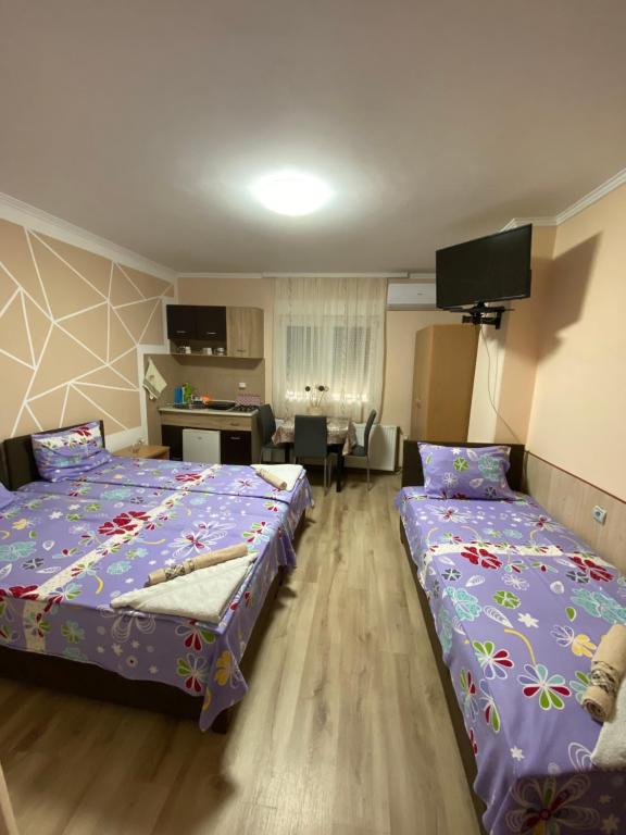 Zimmer mit 2 Betten und einem Wohnzimmer in der Unterkunft Aparmani i sobe Cvetkovic in Sokobanja