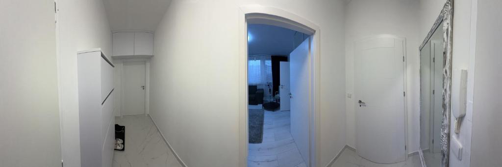 een hal met witte muren en een spiegel in een kamer bij Byt 44m2 Ostrava Bělský les in Hrabŭvka