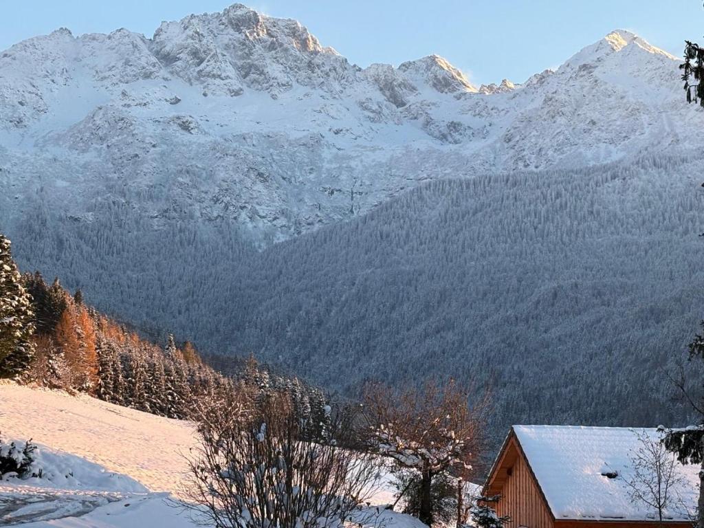 een met sneeuw bedekte bergketen met een schuur op de voorgrond bij Le Crystalia in Prabert