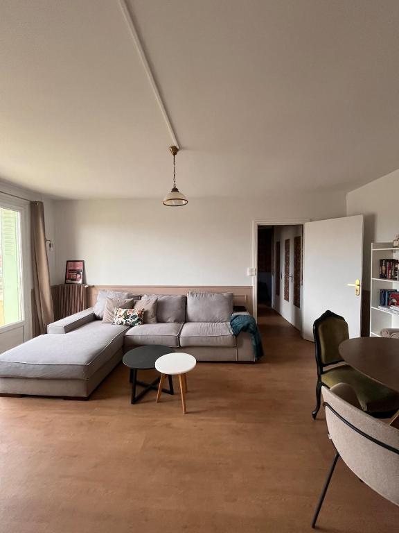 un salon avec un canapé et une table dans l'établissement Auxerre City Center Spacious 2-bedroom - Chez Margaret, à Auxerre