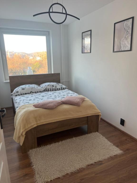 ein Schlafzimmer mit einem Bett und einem Fenster in der Unterkunft Apartament przy bulwarze in Gdynia