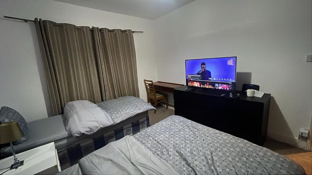 a room with two beds and a flat screen tv at Greenwich Homestay in London