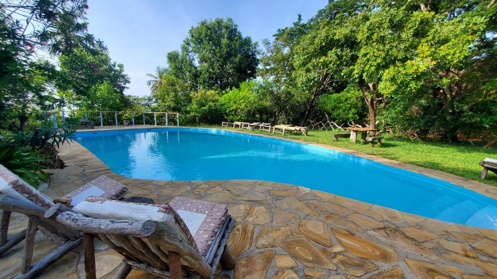 ein Pool mit zwei Liegestühlen daneben in der Unterkunft Eco Shamba Kilole Lodge in Utende