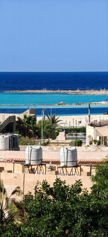 um grupo de cadeiras e mesas em uma praia em أراكِ قريبا صينين فقط em Marsa Matruh