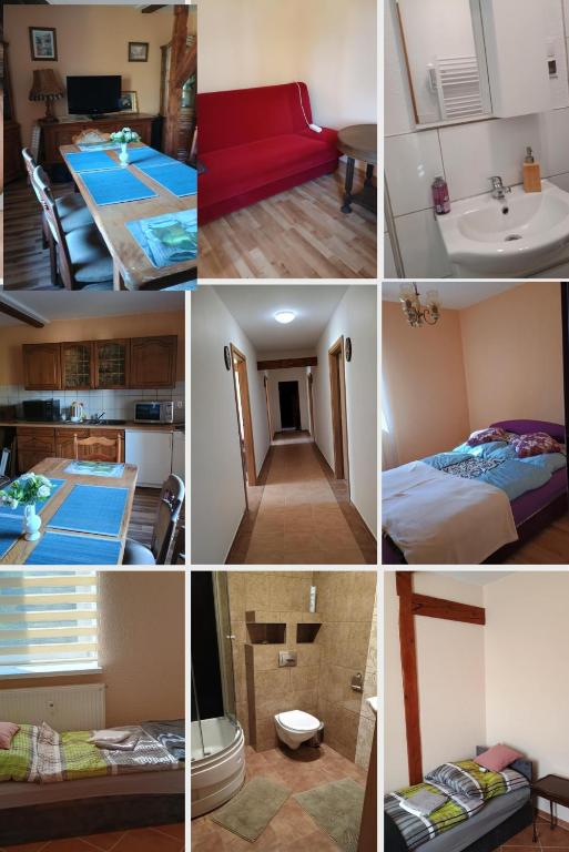 a collage of photos of a hotel room at Noclegi Sówka in Sośnina