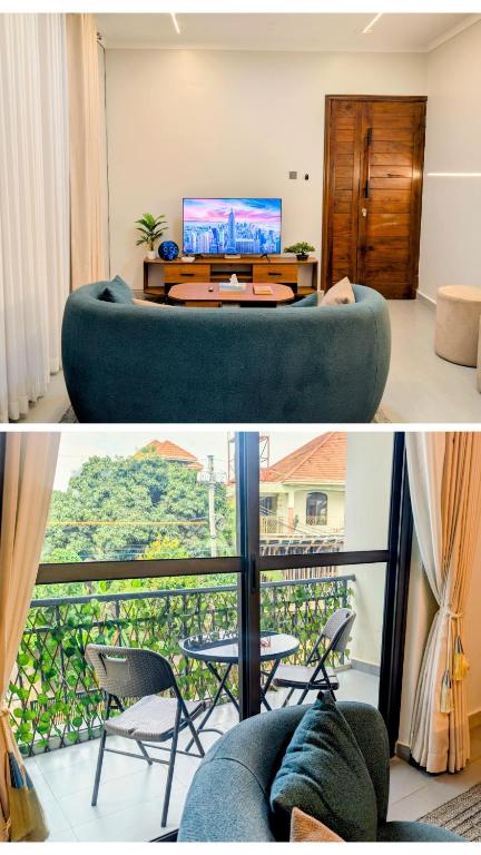 a living room with a view of a balcony at Hakuna Matata, 3 min to Speke Resort, Opposite Caramel, Munyonyo in Kampala