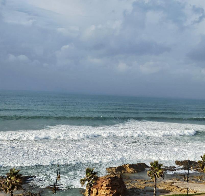 una playa con palmeras y el océano en Sunset Ocean View, en Rabat