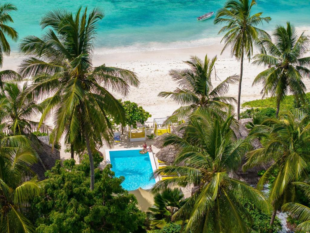 ZAN Uhuru Beach في جامبياني: اطلالة جوية على شاطئ فيه نخل ومسبح