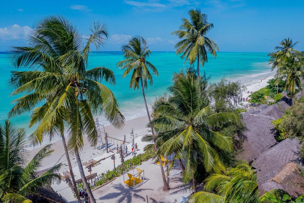 an aerial view of a beach with palm trees and the ocean at ZAN Uhuru Beach in Jambiani