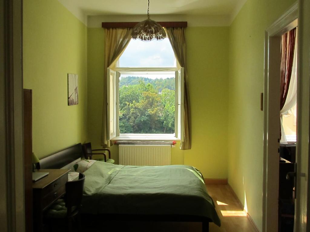カルロヴィ・ヴァリにあるApartment Fairy Taleの緑のベッドルーム(ベッド1台、窓付)