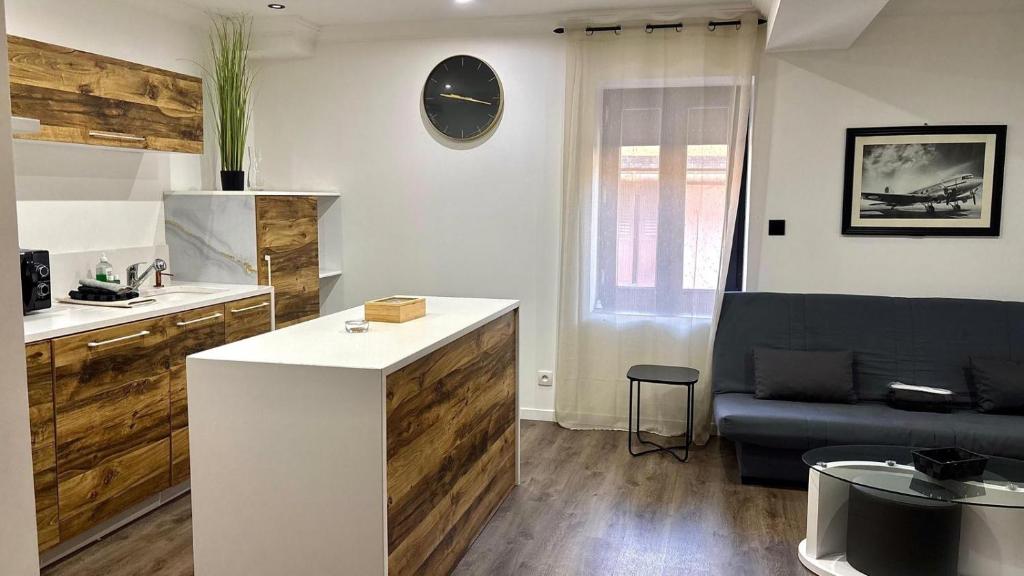 eine Küche und ein Wohnzimmer mit einem Sofa in der Unterkunft Spacieux T3 aiguebelle in Randens