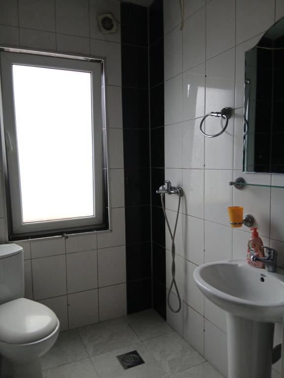 ein Badezimmer mit Toilette und Waschbecken und einem Fenster in der Unterkunft Sokak in Struga