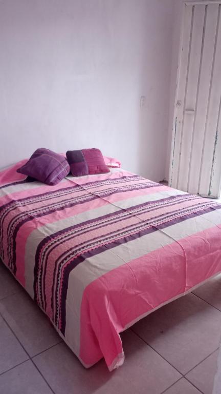 ein Bett mit einer rosa und weißen Decke darauf in der Unterkunft casa cactus in Acapulco
