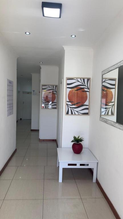a hallway with a bench with a plant on it at MELJAA STAR Guesthouse in Cape Town