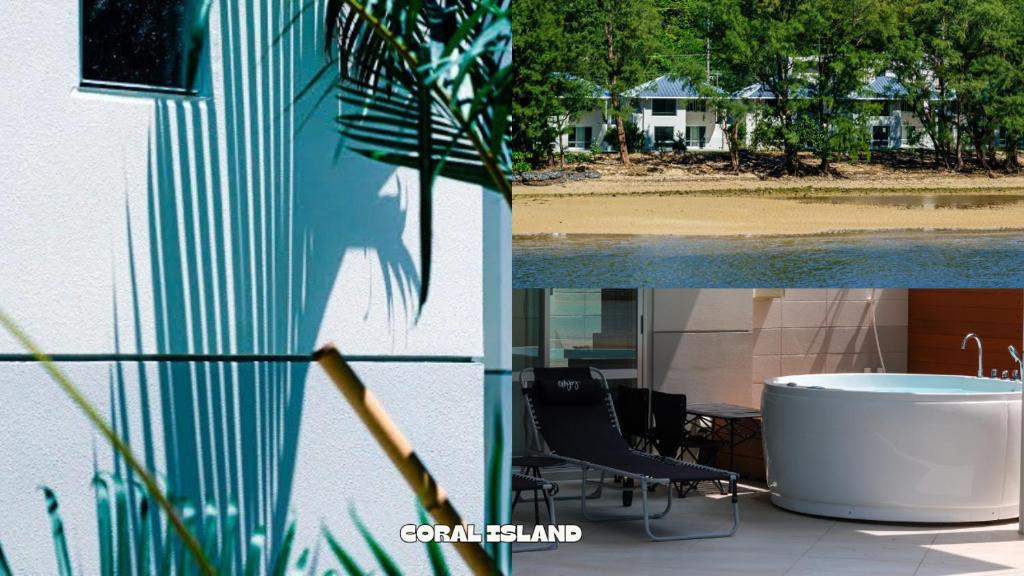 una vista sulla spiaggia da una casa con vasca da bagno di CORAL ISLAND 1棟貸し 天然ビーチまで徒歩5秒 ジャグジー付きVilla a Nago