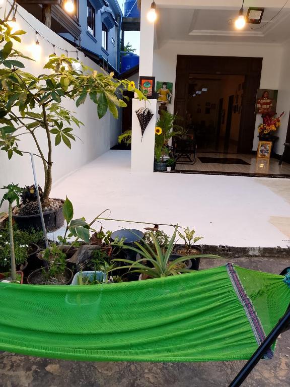 a green umbrella in a room with plants at The Picture House M'Pai Bay in Kaôh Kon