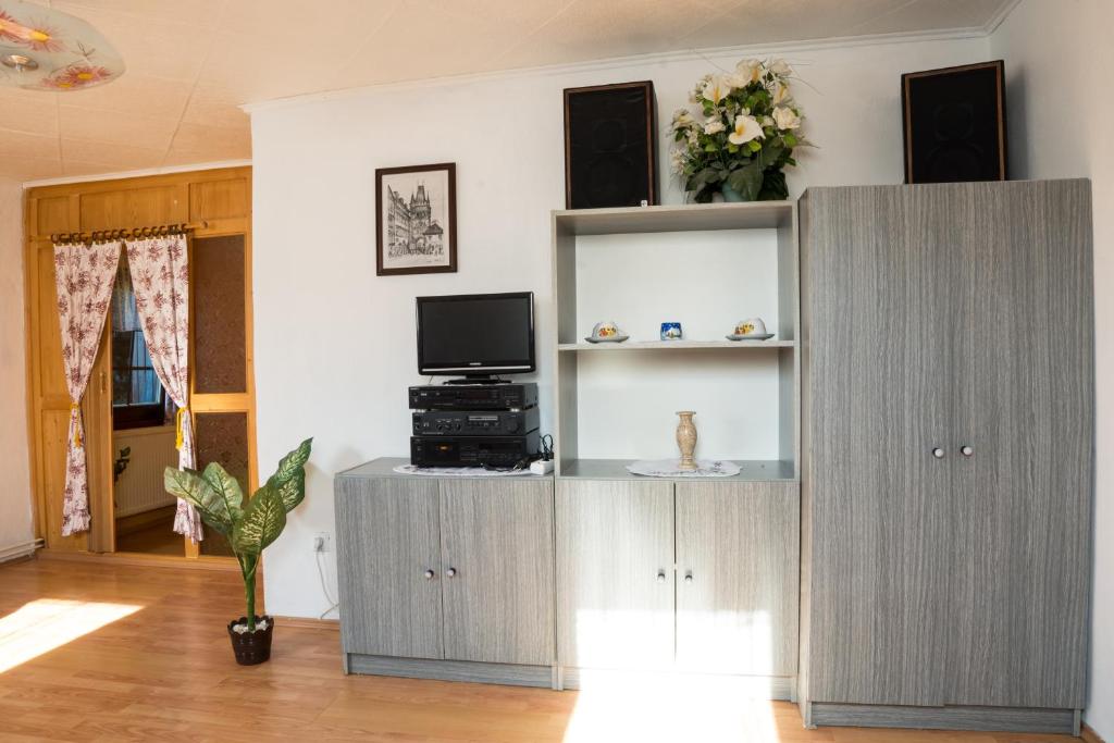 een woonkamer met een grijze kast en een tv bij Apartment Kopaničáková in Kubova Huť