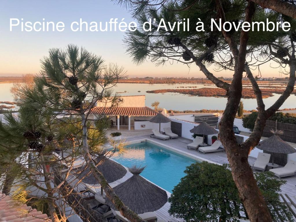 een uitzicht op het zwembad van een resort met de woorden prestige chateres bij Hôtel Spa Mas des Rièges in Saintes-Maries-de-la-Mer