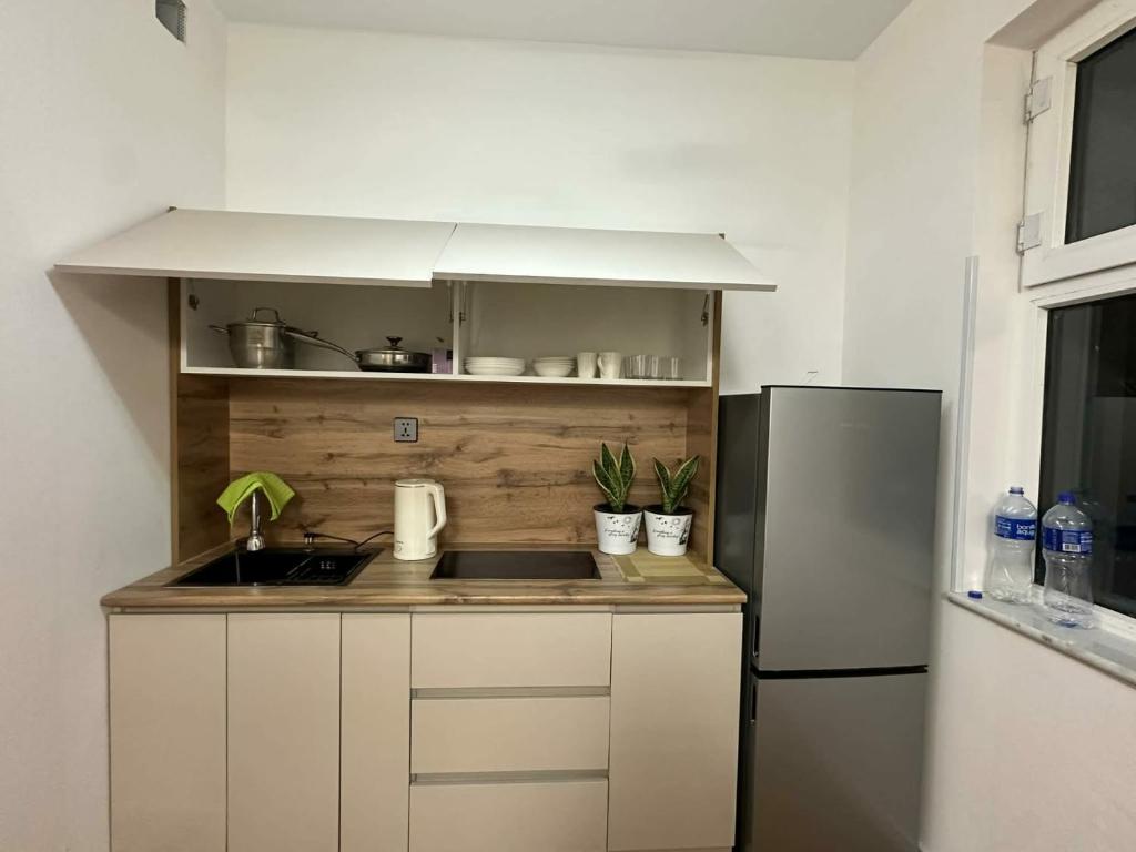 una piccola cucina con lavello e frigorifero di Dino guest house a Dalandzadgad