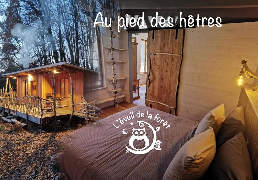 ein Bett vor einem Haus mit einem Schild darauf in der Unterkunft Gîte nature Au pied des hêtres in Vitrac-sur-Montane