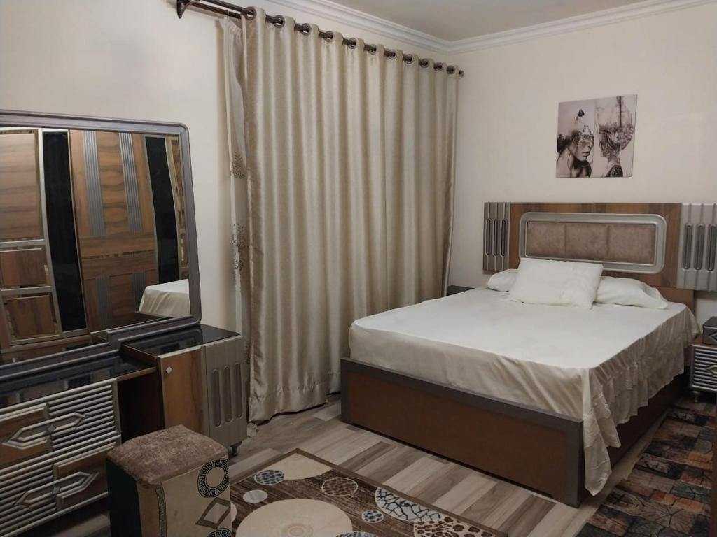 a bedroom with a bed and a television in it at Luxury Apartment In Sheikh Zayed - Jannah 2 Compound in Sheikh Zayed