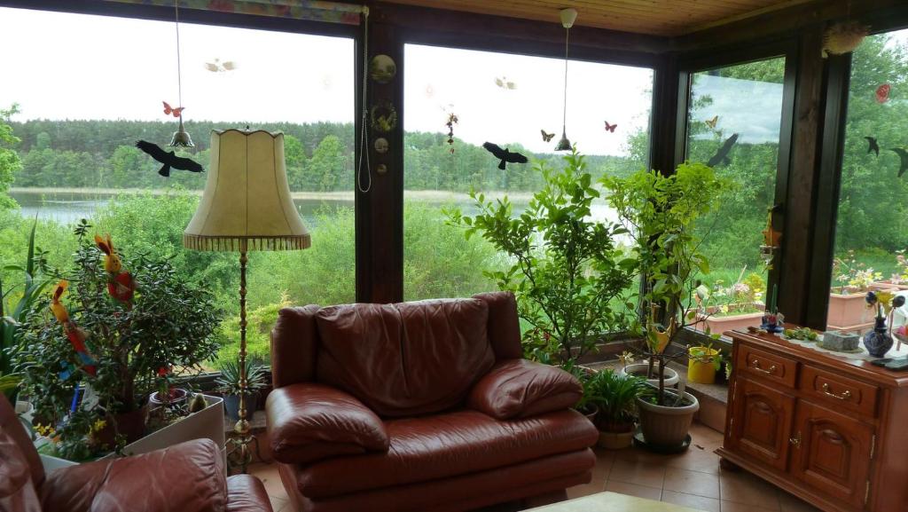 a living room with a leather chair in front of a window at Bungalow am Küstrinsee bei Lychen in Lychen