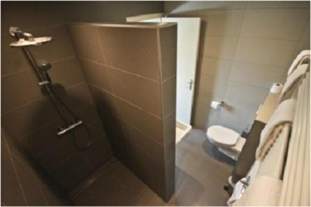 a bathroom with a shower stall and a toilet at Hotel de modern in Diest