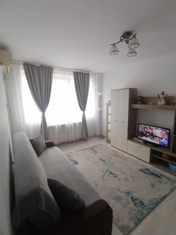 a living room with a couch and a large window at Concordia Apartament in Brăila